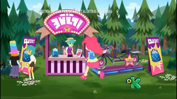Size: 1600x900 | Tagged: safe, screencap, pinkie pie, snails, snips, equestria girls, equestria girls specials, g4, my little pony equestria girls: better together, my little pony equestria girls: sunset's backstage pass, bicycle, booth, discovery kids, forest, jar, jelly beans, shoes, sneakers, tandem bicycle
