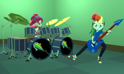 Size: 5120x3072 | Tagged: safe, artist:n3onh100, pinkie pie, rainbow dash, equestria girls, g4, my little pony equestria girls: better together, 3d, djent, drums, gmod, guitar, musical instrument, shoes, sneakers, the rainbooms