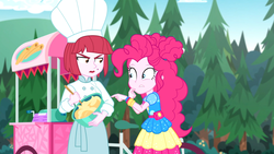 Size: 1912x1080 | Tagged: safe, screencap, pinkie pie, puffed pastry, equestria girls, equestria girls series, g4, sunset's backstage pass!, spoiler:eqg series (season 2), batter, beauty mark, bowl, chef's hat, duo, duo female, female, food, food stand, frown, hat, mixing bowl, music festival outfit, outdoors, puffed pastry's churro stand, spoon