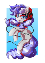Size: 481x670 | Tagged: safe, artist:ask-colorsound, oc, oc only, oc:cinnabyte, earth pony, pony, bandana, dork, female, glasses, headphones, headset, looking at you, mare, neckerchief, pigtails, smiling, solo