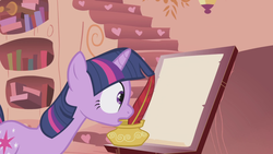 Size: 1920x1080 | Tagged: safe, screencap, twilight sparkle, pony, unicorn, g4, griffon the brush off, female, golden oaks library, inkwell, mare, quill, scroll, solo, unicorn twilight, wide eyes