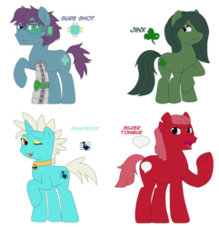 Size: 878x910 | Tagged: safe, artist:flawlessvictory20, oc, oc only, oc:jinx, oc:rhapsody, oc:silver tongue, oc:sure shot, cyborg, earth pony, pony, unicorn, eyeshadow, giveaway, makeup, scouter, simple background, transparent background