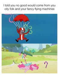 Size: 710x900 | Tagged: safe, edit, edited screencap, screencap, pinkie pie, earth pony, pony, g4, griffon the brush off, abuse, cannonball jenkins, clothes, crash landing, falling, female, fist in the air, flying contraption, funny, helmet, jumpsuit, mare, meme, old man jenkins, parachute, pedalcopter, pinkiebuse, pinkiecopter, spongebob squarepants, the sponge who could fly, unconscious