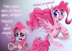 Size: 2000x1413 | Tagged: safe, artist:chopsticks, pinkie pie, earth pony, pegasus, pony, g4, avengers: infinity war, butt fluff, cheek fluff, chest fluff, crying, dialogue, disappear, disintegration, duality, ear fluff, end of ponies, female, fourth wall, g4 to g5, g5 concept leak style, g5 concept leaks, g5 drama, hoof fluff, i don't feel so good, implied death, looking at you, open mouth, pinkie pie (g5 concept leak), race swap, sad, text