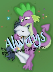 Size: 457x629 | Tagged: safe, artist:talcom, rumble, spike, dragon, pegasus, pony, fanfic:always, g4, cute, duo, eyes closed, fanfic, fanfic art, fanfic cover, gay, hug, lying down, male, ship:rumblespike, shipping, title card
