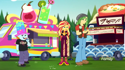Size: 1280x720 | Tagged: safe, screencap, sandalwood, snips, sunset shimmer, equestria girls, equestria girls specials, g4, my little pony equestria girls: better together, my little pony equestria girls: sunset's backstage pass, boots, clothes, crossed arms, discovery family logo, female, food truck, geode of empathy, hat, magical geodes, male, music festival outfit, pants, shoes