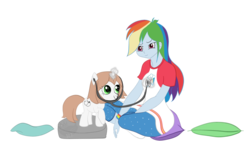 Size: 1280x720 | Tagged: safe, artist:blinkingpink, rainbow dash, oc, oc:healing touch, equestria girls, g4, checkup, clothes, female, filly, listening, pajamas, stethoscope