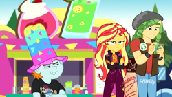 Size: 1280x720 | Tagged: safe, screencap, sandalwood, snips, sunset shimmer, equestria girls, equestria girls specials, g4, my little pony equestria girls: better together, my little pony equestria girls: sunset's backstage pass, cellphone, clothes, crossed arms, discovery family logo, female, hat, male, music festival outfit, phone, smartphone