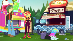 Size: 1280x720 | Tagged: safe, screencap, sandalwood, snips, sunset shimmer, equestria girls, equestria girls series, g4, sunset's backstage pass!, spoiler:eqg series (season 2), boots, clothes, crossed arms, discovery family logo, falling, female, music festival outfit, pants, shoes