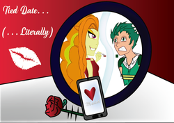 Size: 689x487 | Tagged: artist needed, safe, adagio dazzle, spike, human, equestria girls, g4, fanfic art, female, flower, heart, human spike, humanized, kiss mark, lipstick, male, mirror, phone, rose, ship:adagiospike, smoking, straight