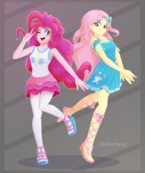 Size: 3600x4300 | Tagged: safe, artist:katakiuchi4u, fluttershy, pinkie pie, equestria girls, g4, my little pony equestria girls: better together, armpits, blushing, clothes, cute, diapinkes, dress, duo, duo female, female, fluttershy boho dress, happy, high res, legs, miniskirt, moe, one eye closed, pantyhose, peace sign, pose, sandals, shirt, shyabetes, simple background, skirt, sleeveless, sleeveless dress, sleeveless shirt, smiling, socks, tank top, thigh highs, wink