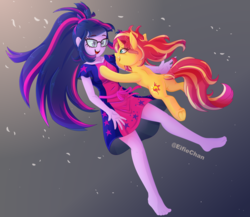Size: 4600x4000 | Tagged: safe, artist:katakiuchi4u, sci-twi, sunset shimmer, twilight sparkle, pony, unicorn, equestria girls, equestria girls series, g4, spring breakdown, spoiler:eqg series (season 2), absurd resolution, barefoot, clothes, cute, cutie mark, dress, duo, feet, female, freckles, frog (hoof), glasses, happy, legs, looking at each other, mare, missing shoes, open mouth, peppered bacon, shimmerbetes, smiling, square crossover, tackle, tackle hug, twiabetes, underhoof