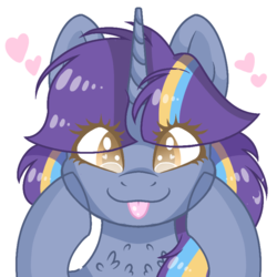Size: 768x768 | Tagged: safe, artist:mikushunti, oc, oc only, oc:twinkle starstone, alicorn, pony, colored pupils, female, fluffy, heart, heart eyes, hooves, hooves on cheeks, horn, mare, smiling, tongue out, wingding eyes, ych result