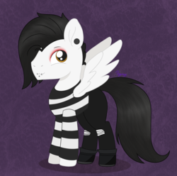 Size: 1612x1597 | Tagged: safe, artist:dyonys, derpibooru exclusive, oc, oc:motionless white, pegasus, pony, abstract background, chibi, chris cerulli, clothes, eyeshadow, jewelry, makeup, male, motionless in white, piercing, ponified, spread wings, stallion, wings