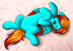 Size: 3000x2100 | Tagged: safe, artist:noctaliansfw, oc, oc only, oc:chaos angel, pegasus, pony, bed, high res, lying, lying on bed, on bed, open mouth, sleeping, snoring, solo, spread legs, spreading
