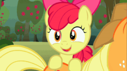 Size: 500x281 | Tagged: safe, screencap, apple bloom, applejack, earth pony, pony, call of the cutie, g4, adorabloom, animated, apple tree, butt touch, cute, female, filly, freckles, happy, hoof on butt, mare, sweet apple acres, talking, tree