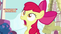 Size: 635x354 | Tagged: safe, edit, edited screencap, screencap, apple bloom, call of the cutie, g4, season 1, animated, artifact, bow, caption, female, image macro, inhaling, needs more jpeg, open mouth, ponyville, talking, talking to viewer, text, trolling