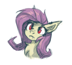 Size: 635x580 | Tagged: safe, artist:ami-gami, fluttershy, bat pony, pony, g4, bat ponified, bust, chest fluff, ear piercing, fangs, female, flutterbat, piercing, portrait, race swap, red eyes, simple background, sketch, solo, white background