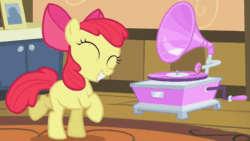 Size: 960x540 | Tagged: safe, screencap, apple bloom, earth pony, pony, g4, somepony to watch over me, adorable face, adorabloom, animated, bow, cute, dancing, eyes closed, female, filly, foal, grin, hair bow, happy, record player, smiling