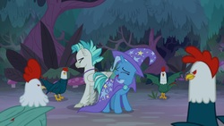 Size: 1920x1080 | Tagged: safe, screencap, terramar, trixie, classical hippogriff, cockatrice, hippogriff, pony, g4, student counsel, cape, clothes, hat, trixie's cape, trixie's hat