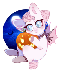 Size: 958x1156 | Tagged: safe, artist:shady-bush, oc, oc only, oc:rose, bat pony, pony, chibi, female, halloween, holiday, jack-o-lantern, mare, pumpkin, solo