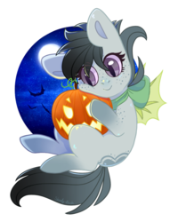 Size: 994x1302 | Tagged: safe, artist:shady-bush, oc, oc only, oc:cosette, bat pony, pony, chibi, female, halloween, holiday, jack-o-lantern, mare, pumpkin, solo