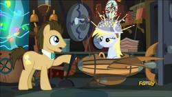 Size: 1280x720 | Tagged: safe, screencap, derpy hooves, doctor whooves, time turner, earth pony, pegasus, pony, g4, slice of life (episode), discovery family logo, duo, female, male, mare, stallion