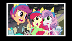 Size: 1920x1080 | Tagged: safe, screencap, apple bloom, octavia melody, scootaloo, sweetie belle, trixie, equestria girls, g4, my little pony equestria girls: friendship games, auditorium, canterlot high, clothes, cute, cutie mark crusaders, end credits, eyes closed, happy, open mouth, right there in front of me, wondercolts