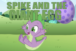 Size: 619x422 | Tagged: artist needed, safe, artist:the smiling pony, edit, editor:undeadponysoldier, spike, dragon, g4, billy hatcher and the giant egg, caption, dragon egg, egg, field, image macro, male, solo, spike's egg, text, title card, video game