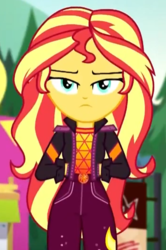 Size: 349x527 | Tagged: safe, screencap, sunset shimmer, equestria girls, equestria girls specials, g4, my little pony equestria girls: better together, my little pony equestria girls: sunset's backstage pass, clothes, cropped, female, geode of empathy, hand in pocket, jacket, magical geodes, solo, upset