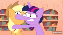 Size: 480x270 | Tagged: safe, artist:piemations, applejack, twilight sparkle, earth pony, pony, unicorn, g4, abuse, angry, animated, applecrack, duo, female, freckles, gif, gifs.com, golden oaks library, hat, jackabuse, mare, my little doomsday, slapping, unicorn twilight