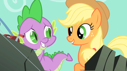 Size: 1280x720 | Tagged: safe, screencap, applejack, spike, dragon, earth pony, pony, a dog and pony show, g4, female, fishing rod, looking at each other, male, mare, raised hoof
