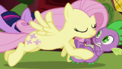 Size: 450x253 | Tagged: safe, screencap, fluttershy, spike, twilight sparkle, dragon, pegasus, pony, unicorn, friendship is magic, g4, animated, carrying, cute, female, flying, golden oaks library, male, mare, spikelove, unicorn twilight