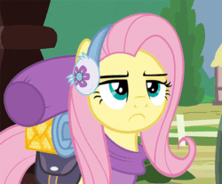 Size: 500x414 | Tagged: safe, screencap, applejack, fluttershy, spike, dragon, earth pony, pegasus, pony, dungeons and discords, g4, simple ways, animated, applejack is not amused, clothes, earmuffs, female, fluttershy is not amused, male, mare, raised eyebrow, spike is not amused, unamused