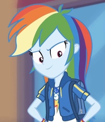Size: 711x828 | Tagged: safe, screencap, rainbow dash, equestria girls, g4, my little pony equestria girls: better together, run to break free, animation error, backpack, cropped, female, geode of super speed, magical geodes, solo