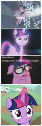 Size: 776x2288 | Tagged: safe, edit, edited screencap, screencap, mean twilight sparkle, sci-twi, tree of harmony, twilight sparkle, alicorn, unicorn, equestria girls, equestria girls series, g4, spring breakdown, the mean 6, the point of no return, what lies beneath, spoiler:eqg series (season 2), bloodshot eyes, blushing, comic, equestria girls ponified, hoof on face, hooves on cheeks, screencap comic, treelight sparkle, twilight sparkle (alicorn), unicorn sci-twi
