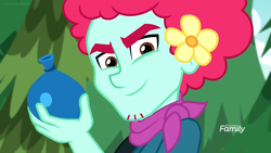 Size: 1280x720 | Tagged: safe, screencap, oxford brush, equestria girls, equestria girls specials, g4, my little pony equestria girls: better together, my little pony equestria girls: sunset's backstage pass, background human, discovery family logo, flower, flower in hair, male, smiling