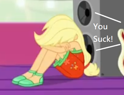 Size: 519x396 | Tagged: safe, edit, edited screencap, screencap, applejack, equestria girls, equestria girls series, g4, spring breakdown, spoiler:eqg series (season 2), abuse, background pony strikes again, downvote bait, jackabuse, op is a duck, op is trying to start shit, sad