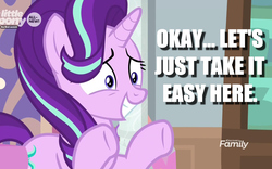 Size: 1280x800 | Tagged: safe, edit, edited screencap, screencap, starlight glimmer, pony, g4, the beginning of the end, caption, discovery family logo, female, image macro, nervous, solo, text