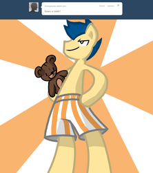Size: 1024x1154 | Tagged: safe, artist:shadowkixx, oc, oc only, oc:sunray smiles, earth pony, pony, ask sunray smiles, ask, bipedal, boxers, clothes, male, solo, stallion, teddy bear, tumblr, underwear