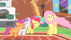 Size: 1280x720 | Tagged: safe, screencap, apple bloom, fluttershy, scootaloo, sweetie belle, earth pony, pegasus, pony, unicorn, g4, stare master, bow, cutie mark crusaders, eyes closed, female, filly, fluttershy's cottage, funny, gritted teeth, loud, mare, one eye closed, open mouth, yelling