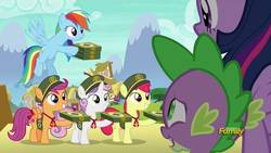 Size: 1280x720 | Tagged: safe, screencap, apple bloom, rainbow dash, scootaloo, spike, sweetie belle, twilight sparkle, alicorn, dragon, earth pony, pegasus, pony, 28 pranks later, g4, box, cookie, cutie mark crusaders, discovery family logo, female, filly, filly guides, food, girl scout, girl scout uniform, male, mare, twilight sparkle (alicorn)