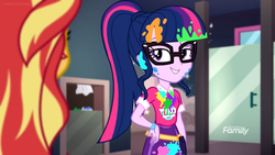 Size: 1280x720 | Tagged: safe, screencap, sci-twi, sunset shimmer, twilight sparkle, equestria girls, equestria girls specials, g4, my little pony equestria girls: better together, my little pony equestria girls: sunset's backstage pass, bathroom, clothes, discovery family logo, glasses, messy, messy hair, messy mane, painting, ponytail, skirt, smiling