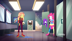 Size: 1366x768 | Tagged: safe, screencap, pinkie pie, sunset shimmer, equestria girls, equestria girls specials, g4, my little pony equestria girls: better together, my little pony equestria girls: sunset's backstage pass, bathroom stall, discovery family logo, facial hair, geode of empathy, geode of sugar bombs, graffiti, magical geodes, mirror, moustache, paint, pirate rarity, shoes, sink, sneakers, unamused, washroom