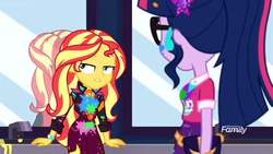 Size: 1280x720 | Tagged: safe, screencap, sci-twi, sunset shimmer, twilight sparkle, equestria girls, equestria girls specials, g4, my little pony equestria girls: better together, my little pony equestria girls: sunset's backstage pass, bathroom, clothes, discovery family logo, female, geode of empathy, geode of telekinesis, glasses, magical geodes, mirror, paint, pants, ponytail
