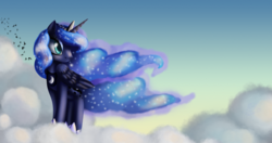 Size: 1920x1010 | Tagged: safe, artist:lunarmoonponi, princess luna, alicorn, bird, pony, g4, cloud, day, female, on a cloud, solo, standing on a cloud