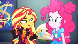 Size: 1366x768 | Tagged: safe, screencap, pinkie pie, sunset shimmer, equestria girls, equestria girls series, g4, sunset's backstage pass!, spoiler:eqg series (season 2), discovery family logo, ribbon, tied, wristband