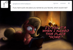 Size: 1156x800 | Tagged: safe, artist:hewison, oc, oc only, oc:pun, earth pony, pony, ask pun, ask, book, female, fireplace, mare, prone, solo