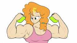 Size: 1920x1080 | Tagged: safe, artist:calm wind, artist:matchstickman, edit, editor:badude, pear butter, human, g4, abs, animated, armpits, biceps, breasts, busty pear butter, clothes, deltoids, dialogue, female, fetish, flexing, food, frame by frame, fruit, grin, humanized, looking at you, mare, matchstickman's pear buffer series, muscle fetish, muscles, muscular female, one eye closed, pear, pear buffer, pecs, simple background, sleeveless shirt, smiling, solo, sound, talking to viewer, triceps, vein bulge, webm, white background, wink