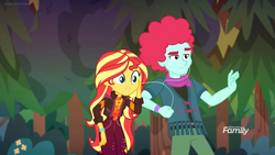 Size: 1280x720 | Tagged: safe, screencap, oxford brush, sunset shimmer, equestria girls, equestria girls specials, g4, my little pony equestria girls: better together, my little pony equestria girls: sunset's backstage pass, background human, clothes, discovery family logo, ear plugs, female, geode of empathy, jacket, magical geodes, male